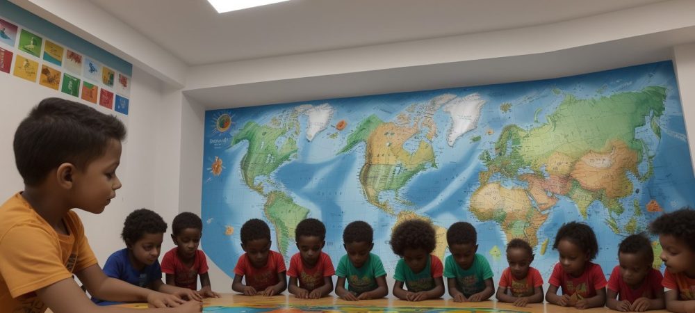 Crianças interagindo em um ambiente educacional, representando os impactos da globalização na infância e na educação infantil.