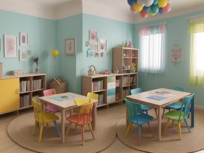 Ilustração de crianças reunidas em círculo, atentas a uma contação de histórias na educação infantil, com livros e fantoches.