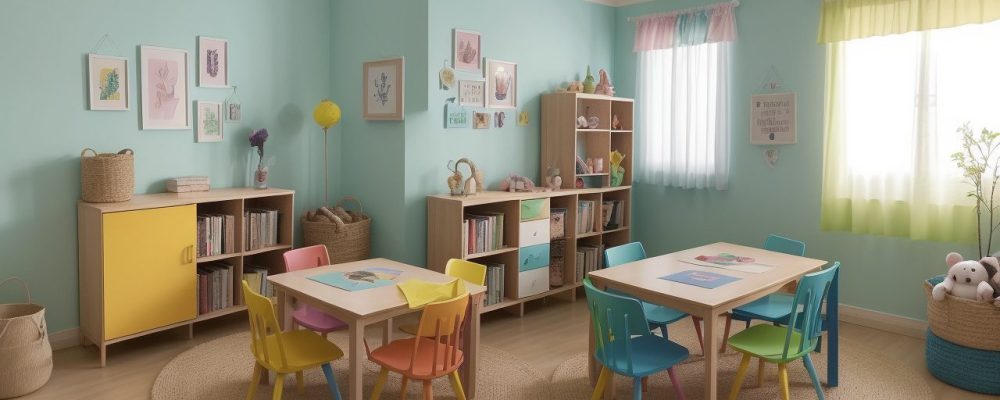 Ilustração de crianças reunidas em círculo, atentas a uma contação de histórias na educação infantil, com livros e fantoches.