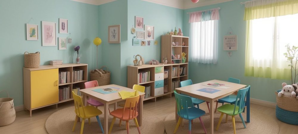 Ilustração de crianças reunidas em círculo, atentas a uma contação de histórias na educação infantil, com livros e fantoches.