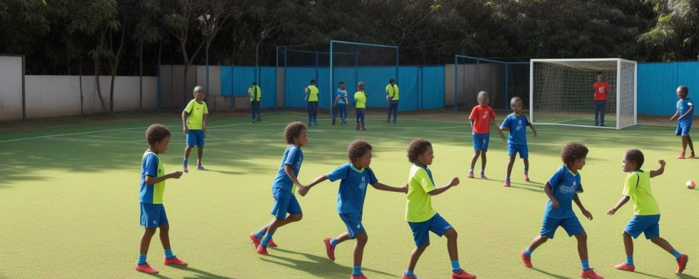 Crianças praticando atividades físicas e esportes na escola, mostrando alegria e interação, promovendo a importância da educação física