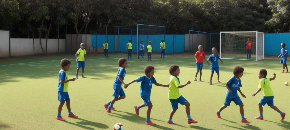 Crianças praticando atividades físicas e esportes na escola, mostrando alegria e interação, promovendo a importância da educação física