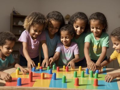 Crianças brincando e aprendendo com jogos educativos e atividades recreativas em um ambiente divertido e estimulante.