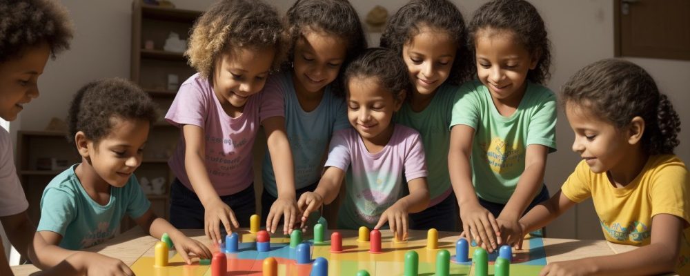 Crianças brincando e aprendendo com jogos educativos e atividades recreativas em um ambiente divertido e estimulante.