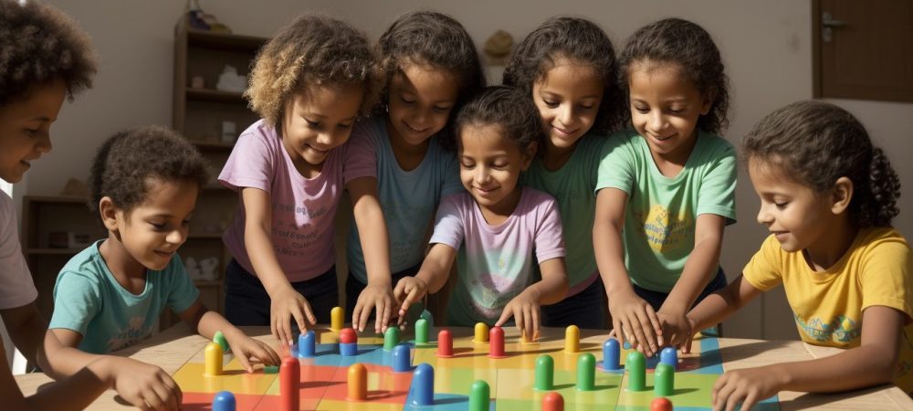 Crianças brincando e aprendendo com jogos educativos e atividades recreativas em um ambiente divertido e estimulante.