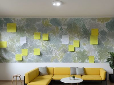 Imagem ilustrando criatividade no serviço público, com brainstorming e ideias em um ambiente de trabalho colaborativo e inovador.