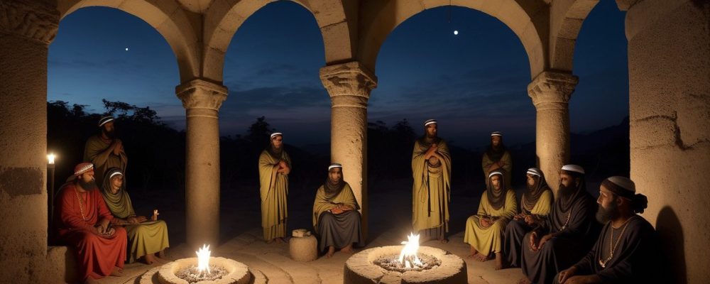 Imagem representando a história do cristianismo e do budismo, com símbolos religiosos e elementos visuais que ilustram suas origens e influências.