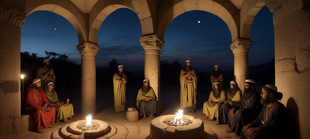 Imagem representando a história do cristianismo e do budismo, com símbolos religiosos e elementos visuais que ilustram suas origens e influências.