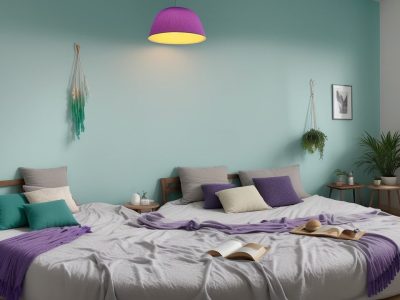 Imagem de uma pessoa em ambiente de cromoterapia, com luzes coloridas e elementos relaxantes, representando os benefícios da terapia das cores.