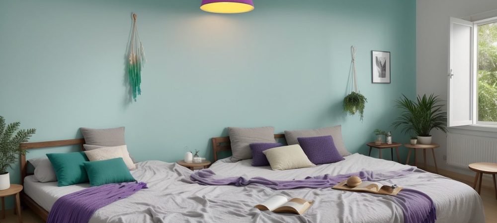 Imagem de uma pessoa em ambiente de cromoterapia, com luzes coloridas e elementos relaxantes, representando os benefícios da terapia das cores.