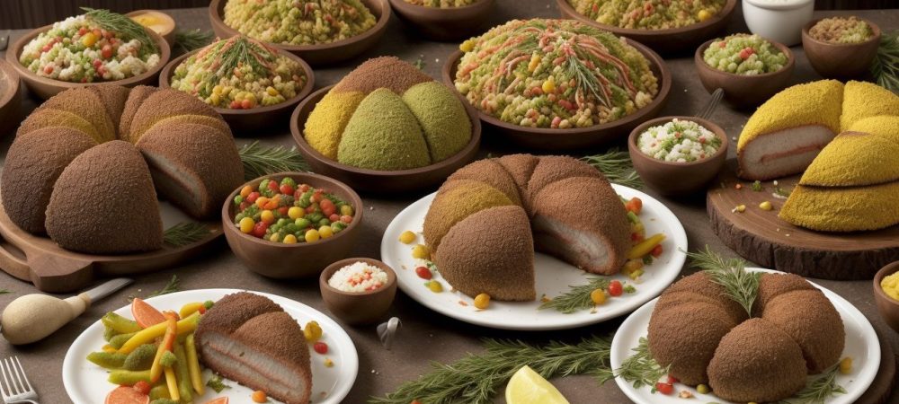 Deliciosos pratos árabes como kibe e kafta em um evento cultural, promovendo a gastronomia árabe e a diversidade.