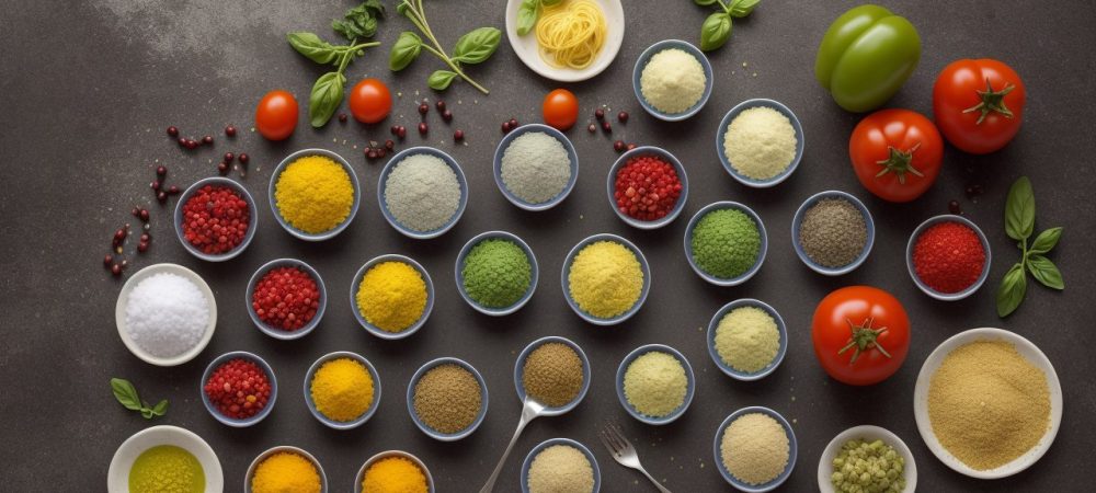 Uma mesa farta com diversos pratos italianos, incluindo massas, pizzas e ingredientes frescos, representando a culinária italiana e seus sabores.