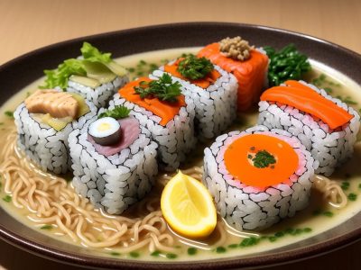 Pratos de culinária japonesa, incluindo sushi e ramen, em uma mesa com ingredientes frescos e apresentação artística, representando a cultura e os sabores do Japão