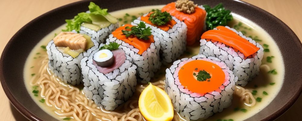 Pratos de culinária japonesa, incluindo sushi e ramen, em uma mesa com ingredientes frescos e apresentação artística, representando a cultura e os sabores do Japão