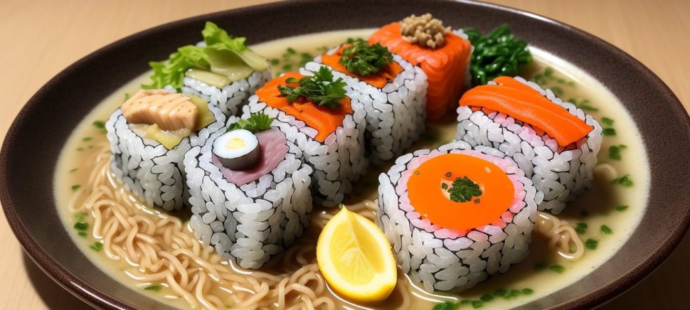 Pratos de culinária japonesa, incluindo sushi e ramen, em uma mesa com ingredientes frescos e apresentação artística, representando a cultura e os sabores do Japão