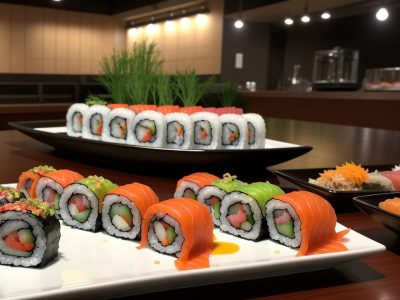 Pratos de culinária japonesa, como sushi e ramen, em destaque, representando o curso de culinária japonesa.