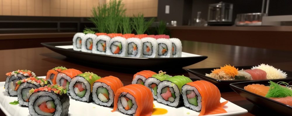 Pratos de culinária japonesa, como sushi e ramen, em destaque, representando o curso de culinária japonesa.