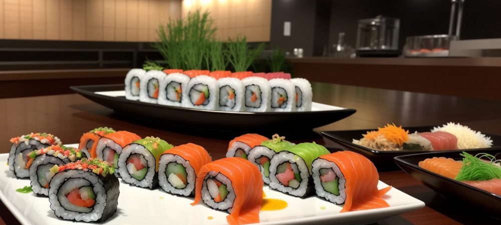 Pratos de culinária japonesa, como sushi e ramen, em destaque, representando o curso de culinária japonesa.