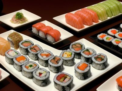 Pratos de culinária japonesa, como sushi e ramen, em um evento, mostrando a experiência gastronômica e cultural.