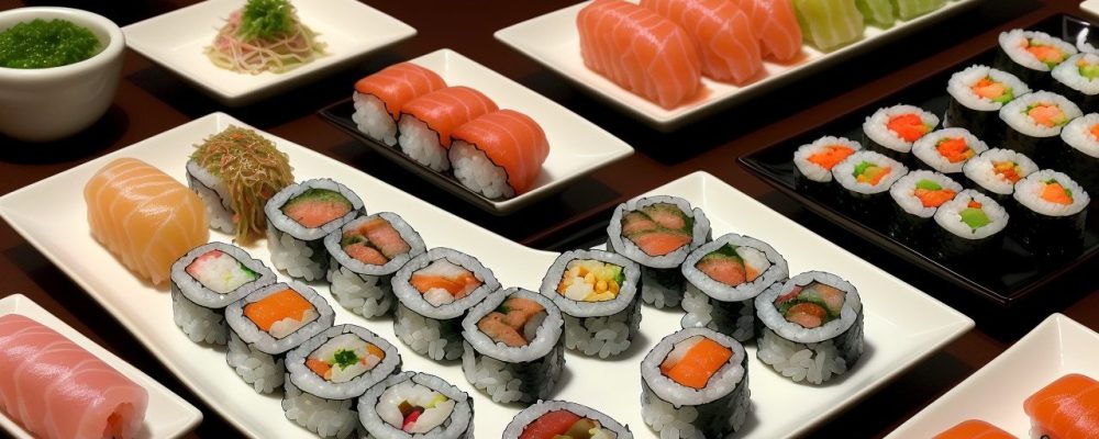 Pratos de culinária japonesa, como sushi e ramen, em um evento, mostrando a experiência gastronômica e cultural.
