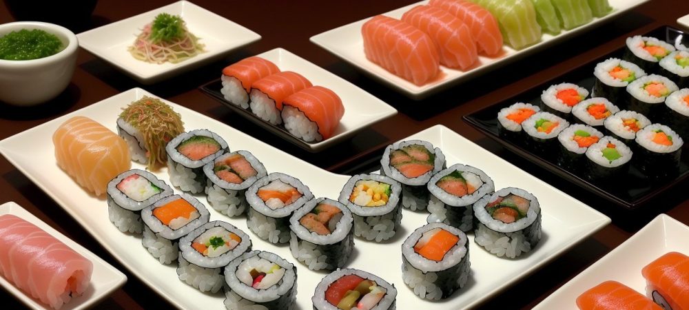 Pratos de culinária japonesa, como sushi e ramen, em um evento, mostrando a experiência gastronômica e cultural.