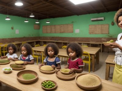 Crianças aprendendo sobre culinária quilombola em sala de aula, preparando receitas afro-brasileiras e valorizando a cultura.