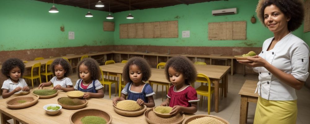 Crianças aprendendo sobre culinária quilombola em sala de aula, preparando receitas afro-brasileiras e valorizando a cultura.