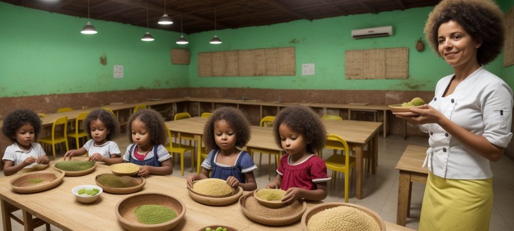 Crianças aprendendo sobre culinária quilombola em sala de aula, preparando receitas afro-brasileiras e valorizando a cultura.