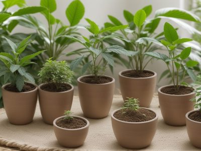 Imagem de um jardim caseiro com diversas plantas medicinais sendo cultivadas, representando a fitoterapia e seus benefícios.