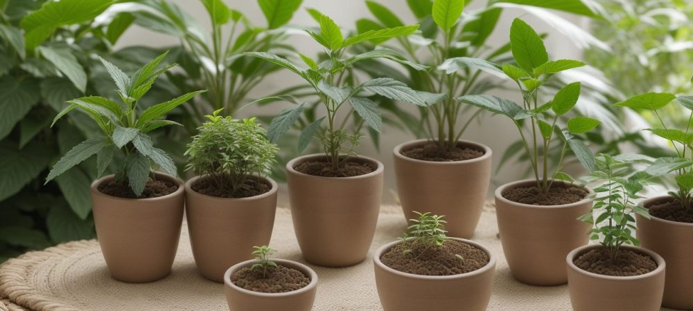 Cultivo de Plantas Medicinais: Jardim Caseiro e Fitoterapia Imagem de um jardim caseiro com diversas plantas medicinais sendo cultivadas, representando a fitoterapia e seus benefícios.