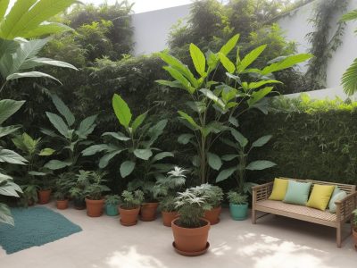 Uma ilustração vibrante de um jardim de plantas medicinais, com pessoas aprendendo e colhendo ervas, representando o curso de fitoterapia e seus benefícios.