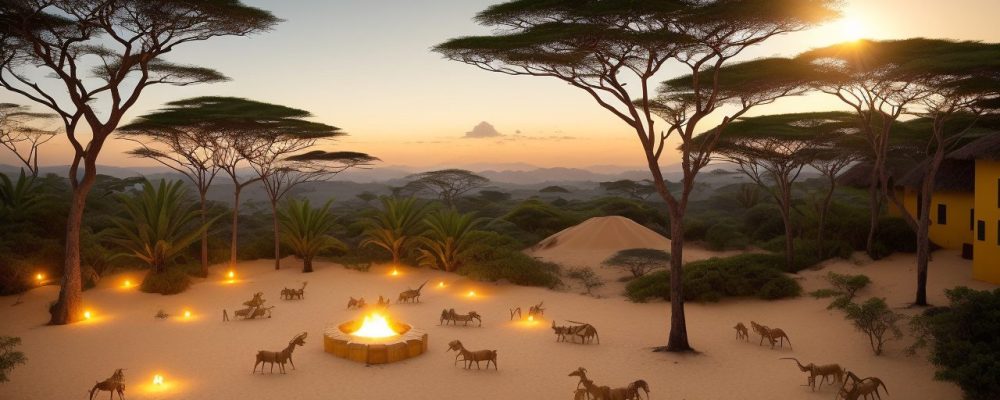 Ilustração vibrante mostrando a riqueza da cultura africana, com foco em civilizações, história e arte.