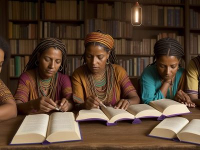 Representação visual da literatura africana e indígena com símbolos culturais, livros e pessoas diversas, celebrando a resistência e identidade.