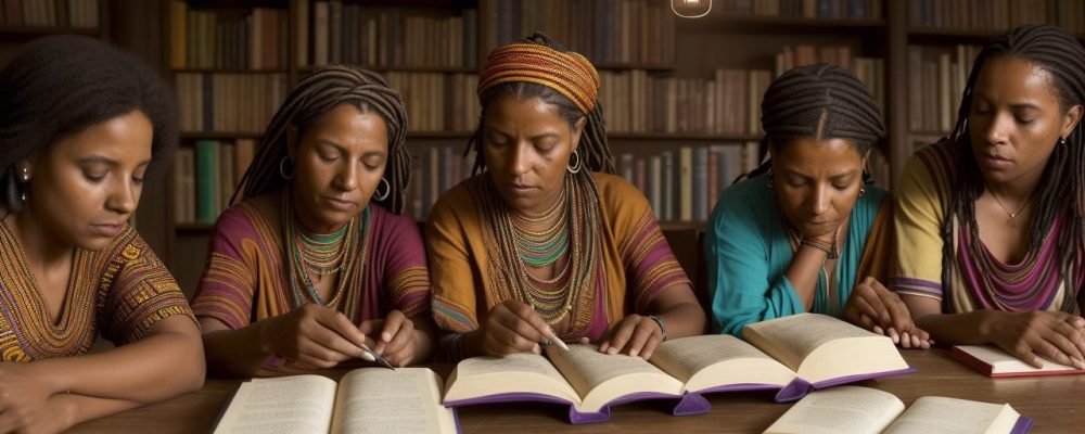 Representação visual da literatura africana e indígena com símbolos culturais, livros e pessoas diversas, celebrando a resistência e identidade.