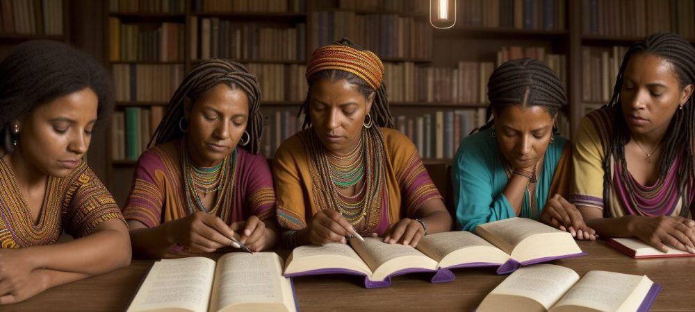 Cultura Africana e Indígena: Uma Jornada de Resistência e Identidade Representação visual da literatura africana e indígena com símbolos culturais, livros e pessoas diversas, celebrando a resistência e identidade.