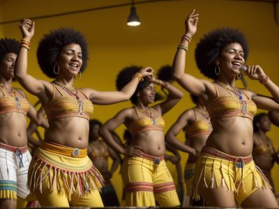 Imagem vibrante da cultura afro-brasileira, mostrando dança, música e culinária, com destaque para a influência africana no Brasil.