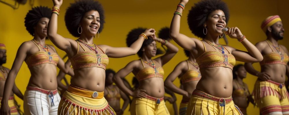 Imagem vibrante da cultura afro-brasileira, mostrando dança, música e culinária, com destaque para a influência africana no Brasil.