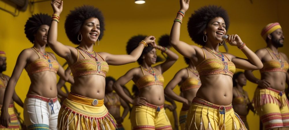 Imagem vibrante da cultura afro-brasileira, mostrando dança, música e culinária, com destaque para a influência africana no Brasil.