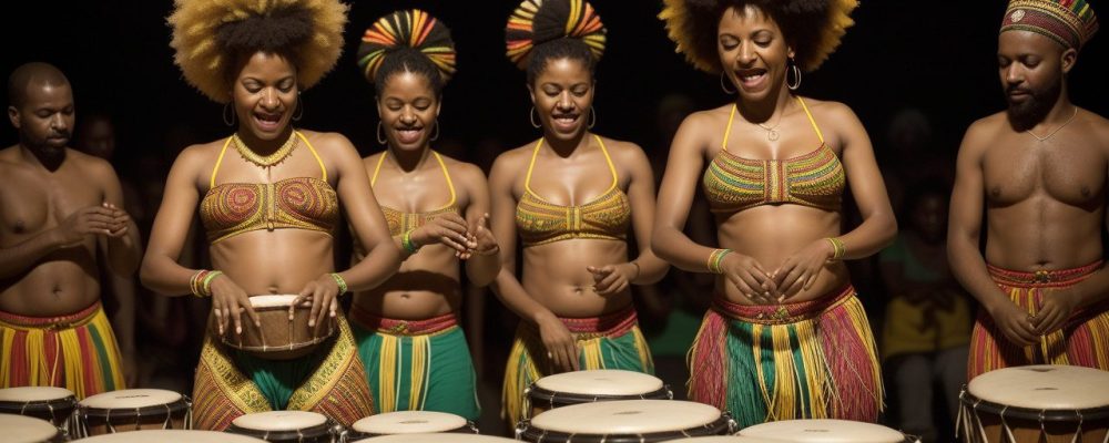 Imagem vibrante celebrando a cultura afro brasileira, com elementos de música, dança e culinária.