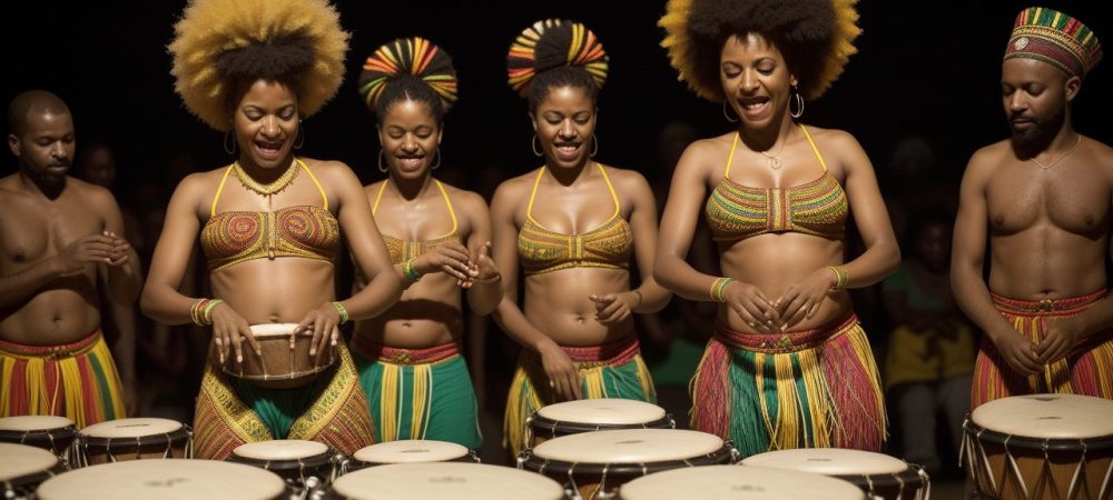 Imagem vibrante celebrando a cultura afro brasileira, com elementos de música, dança e culinária.
