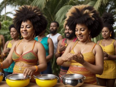 Imagem vibrante celebrando a cultura afro-brasileira, com foco em manifestações culturais, como dança e música.