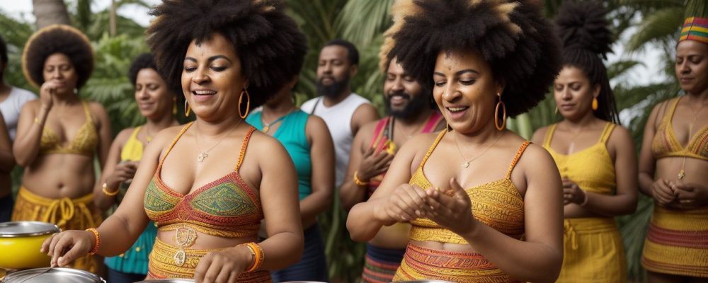 Imagem vibrante celebrando a cultura afro-brasileira, com foco em manifestações culturais, como dança e música.