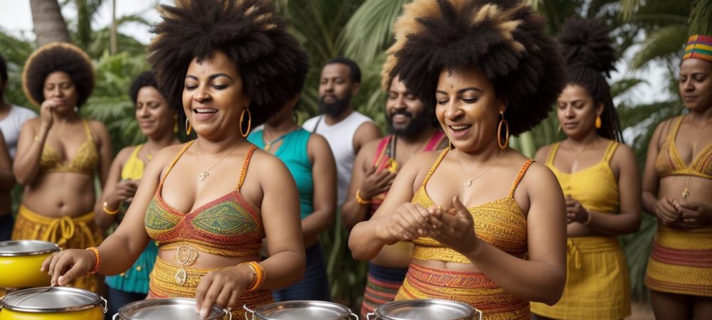 Imagem vibrante celebrando a cultura afro-brasileira, com foco em manifestações culturais, como dança e música.