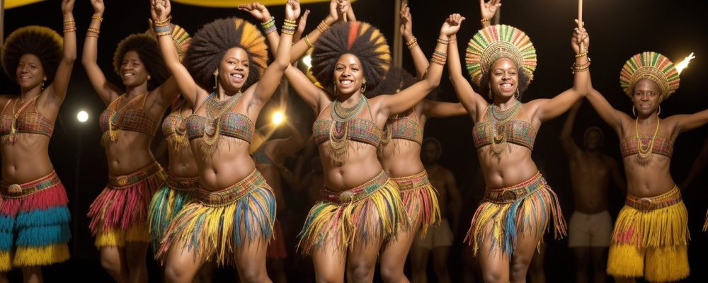 Representação visual da cultura afro-brasileira, com foco em música, dança e manifestações culturais vibrantes.