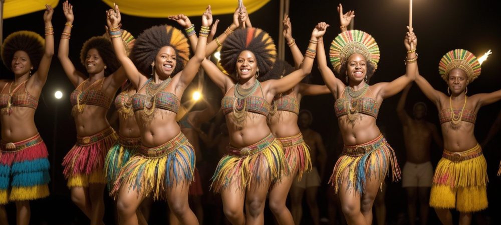 Cultura Afro-Brasileira: Música, Dança e Identidade Representação visual da cultura afro-brasileira, com foco em música, dança e manifestações culturais vibrantes.