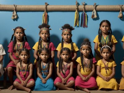 Ilustração vibrante mostrando um educador interagindo com crianças em um ambiente que celebra as culturas indígenas e suas tradições.