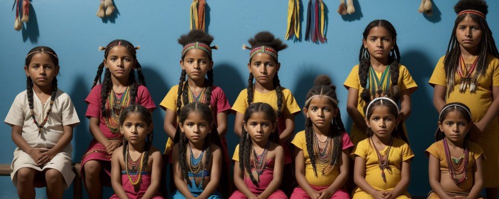 Ilustração vibrante mostrando um educador interagindo com crianças em um ambiente que celebra as culturas indígenas e suas tradições.