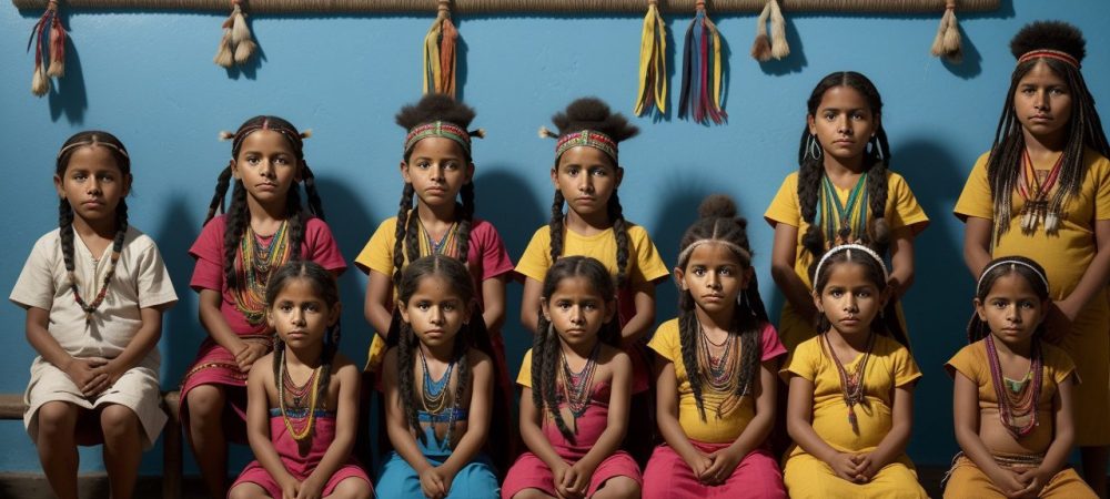 Ilustração vibrante mostrando um educador interagindo com crianças em um ambiente que celebra as culturas indígenas e suas tradições.