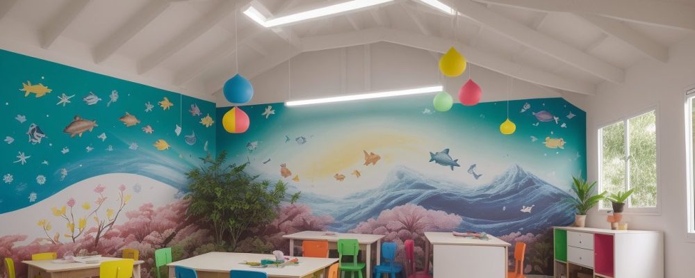 Crianças engajadas em atividades de aprendizagem criativa em uma sala de aula maker, com projetos e ferramentas.