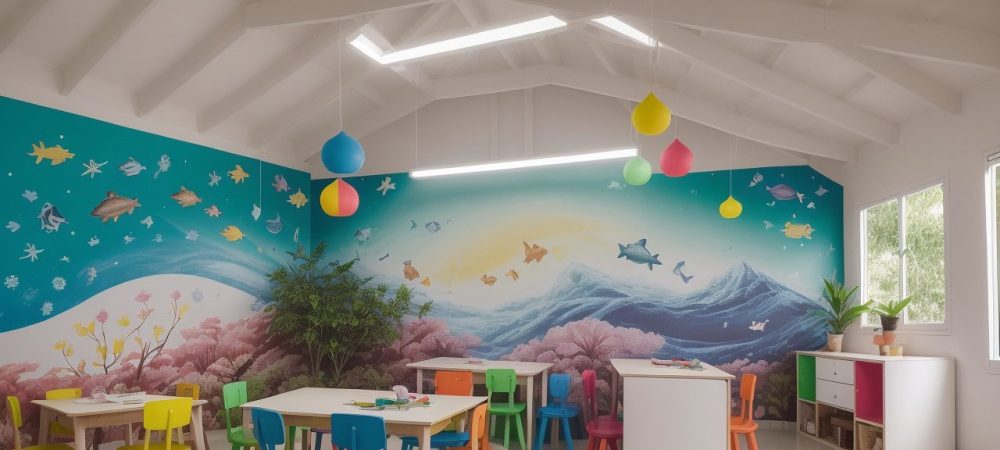 Crianças engajadas em atividades de aprendizagem criativa em uma sala de aula maker, com projetos e ferramentas.